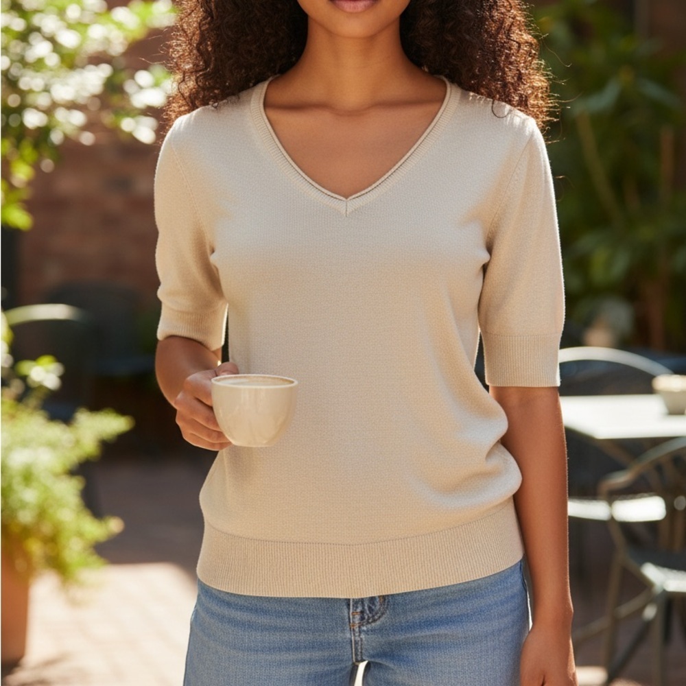 Melissa Paige Pumice Stone Beige V-Neck Elbow Length Pullover Light Sweater